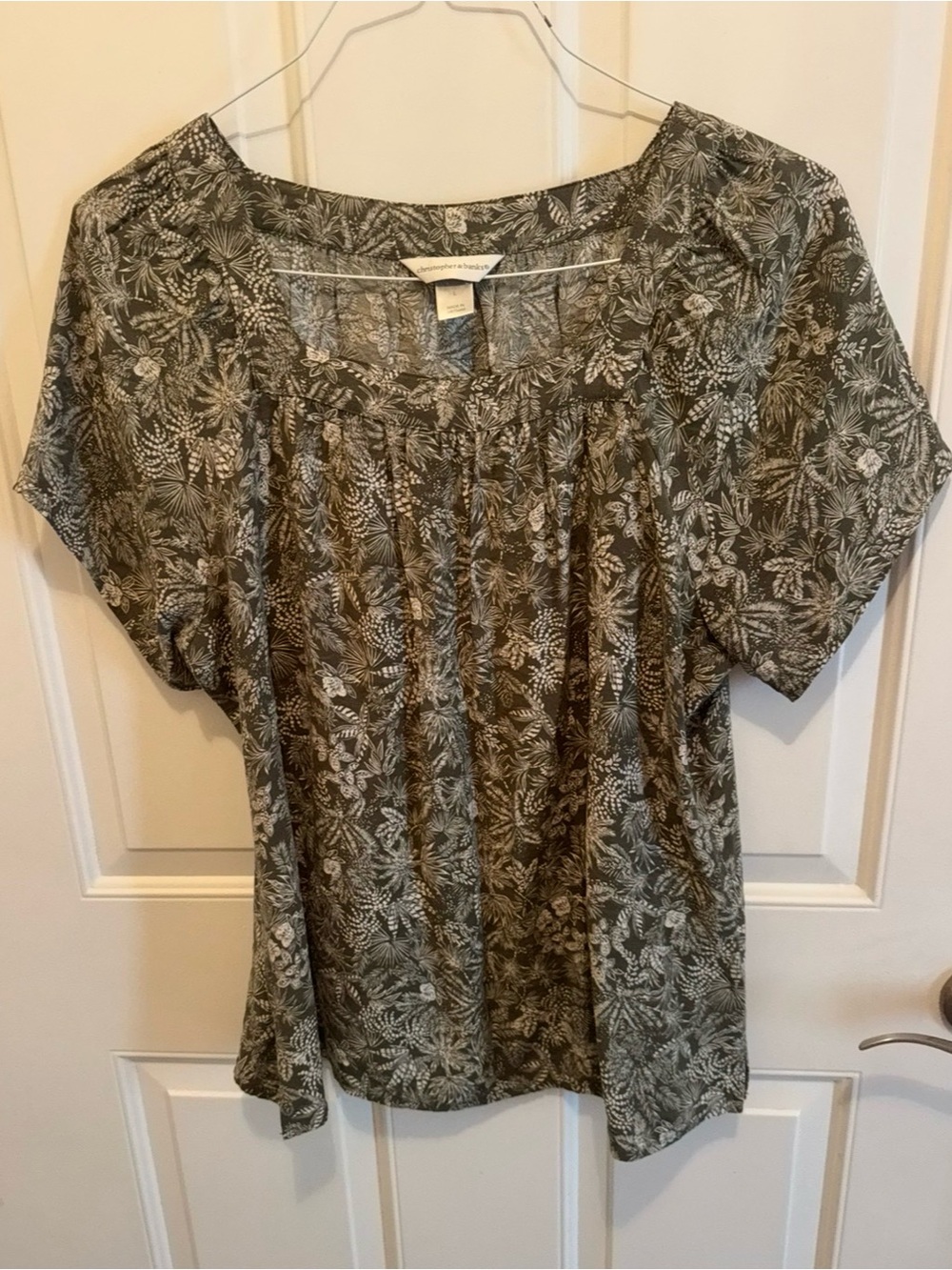 Christopher & Banks Olive Botanical Scoop-Neck Blouse